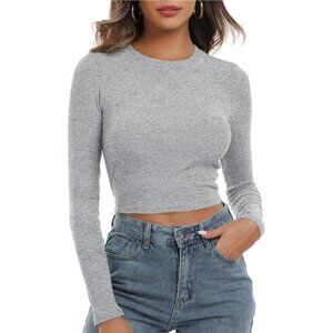 Women's Round Neck Long Sleeve Knit Ribbed Fitted Crop Top Casual Basic